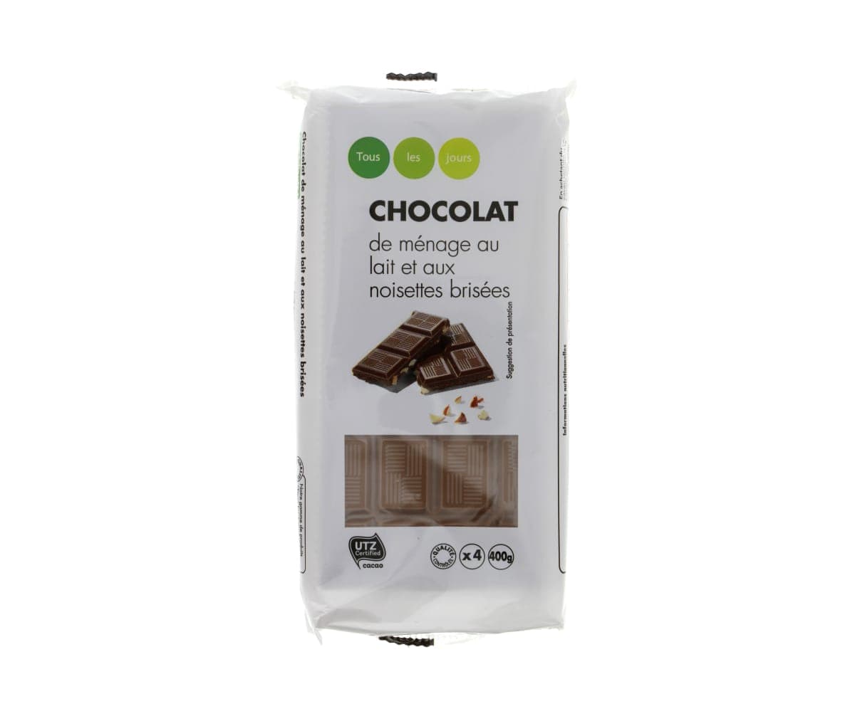 Chocolat, de ménage au lait et aux noisettes brisées, 400g
