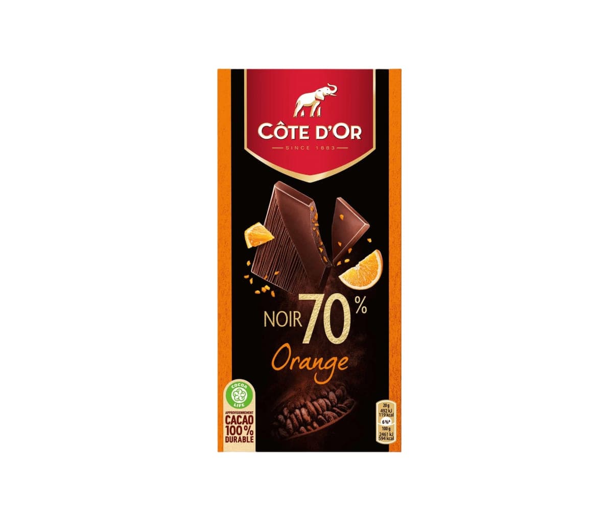 Chocolat noir, 70% orange, Côte d'or, 100g